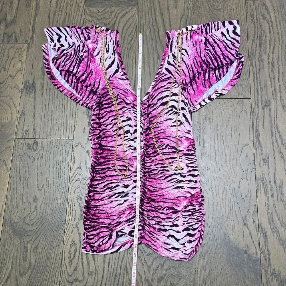 COOGI Y2K Ruched Plunge Zebra Print Mini Dress in Electric Hot Pink - Picture 12 of 16